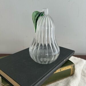 Hand blown Clear Glass Pear with Green Leaf Accent
